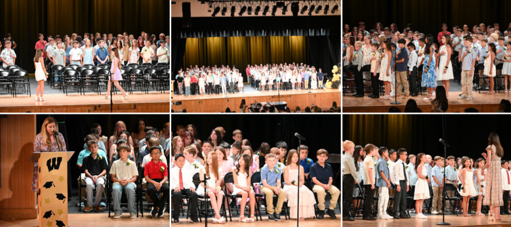 collage of photos of students sitting in chairs on stage